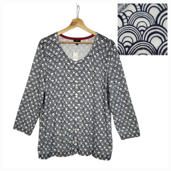 Talbots Women’s 1X Navy White Geometric Cardigan 3/4 Sleeve Button Front NWT $99 - Picture 1 of 11